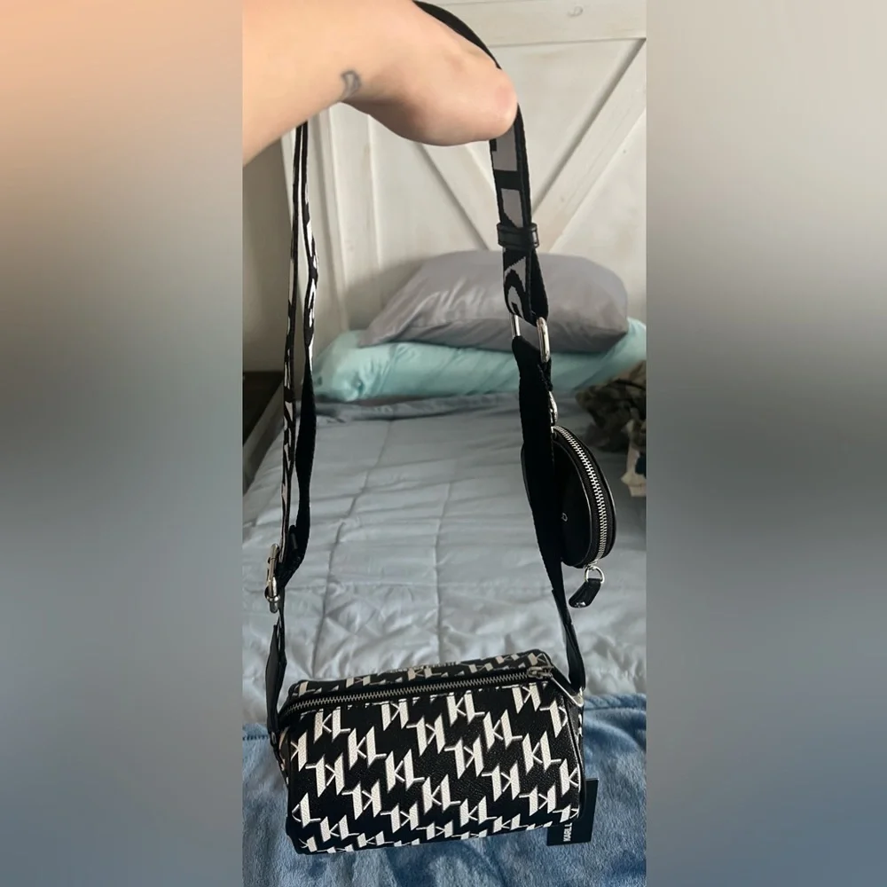 Karl Lagerfeld Black and White Monogram Crossbody Bag with Strap
